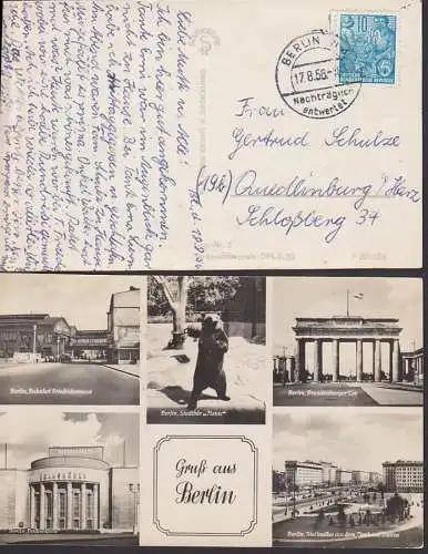 Berlin N4 nachträglich entwertet 17.8.56, Fotokarte mit Brandenburger Tor, Volksbühne Stalinallee