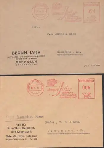 Schmölln (Bz Leipzig) 2 AFS-Bfe Bernh. Jahr Büffelhorn- und Steinmussknopffabrik. Büffel 28.6.52 bzw. 5.6.53, buffalo