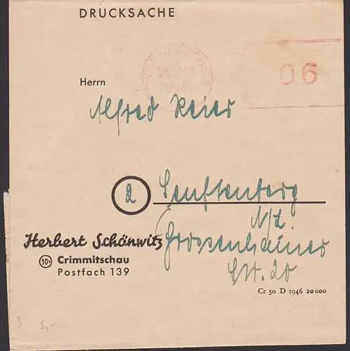 Zwickau Drucksache Streifbandsendung mit aptiertem Postfreistempel 24.12.49