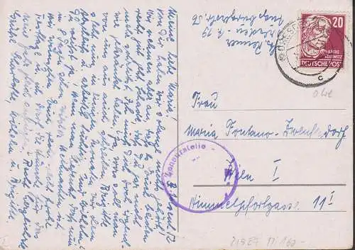 Auslandskarte Dresden - Wien OSt. 20 Pf. Köpfe I Käthe Kollwitz SBZ 219, portogenau, Zensurstempel, 15.12.52