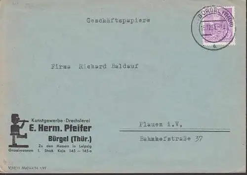 Frau am Fernschreiber 15 Pf. DDR 411 OSt. Bürgel (Thüringen) Geschäftspapiere, Kunstgewerbe-Drechslerei