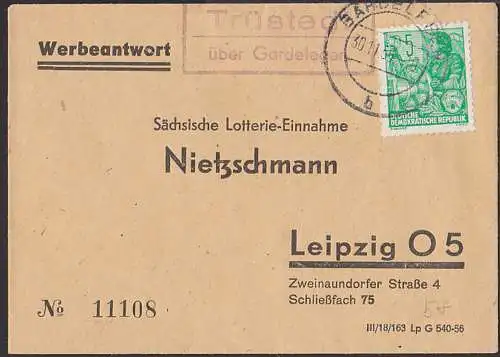 Trüstedt über Gardelegen 5 Pfg. 5-Jahrplan auf Werbeantwort nach Leipzig 30.11.56