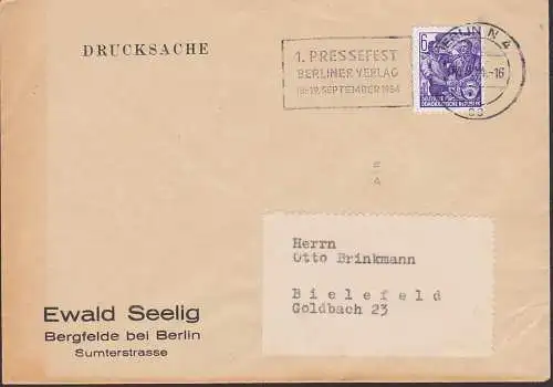 Berlin N4 MWSt. 1. Pressefest Berliner Verlag, Abs. Bergfelde bei Berlin, 17.9.54, kurz vor Portosenkung