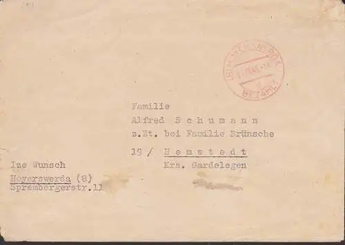 Hoyerswerda K1 BEZAHLT  in rot, Barfrankatur Notmaßnahme 1945