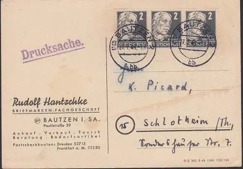 Käthe Kollwitz 2 Pfg. (3) Bautzen auf Drucksachenkarte 27.7.49 Briefmarken-Fachgeschäft Rudolf Hantschke