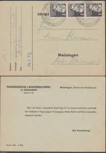 Käthe Kollwitz 2 Pfg. (3) SoSt. Meingen auf Drucksachenkarte 14.5.52, Thüringische Landesbücherei