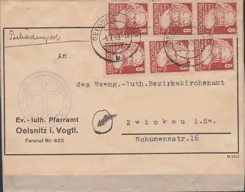 Karl Marx 8 Pfg. portogenau Doppel-Fernbrief Oelsnitz Vogtland SBZ 214(6), Pfarramt, Behördenpost