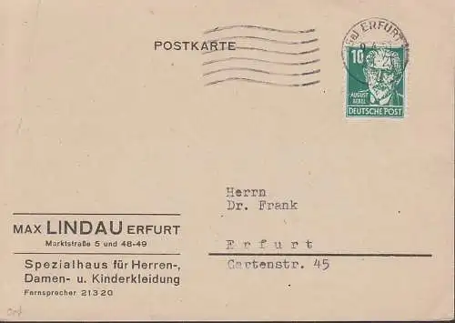 August Bebel 10 Pfg. portogenau auf Ortskarte MWst. Erfurt 9.4.51, SBZ 215, Spezialhaus f. Bekleidung