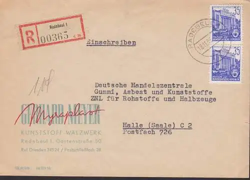 Radebeul R-Brief mit 35 Pfg. DDR 417x gestriches Papier Berlin Stalinallee Sporthalle , Abs. Kunststoff-Walzwerk