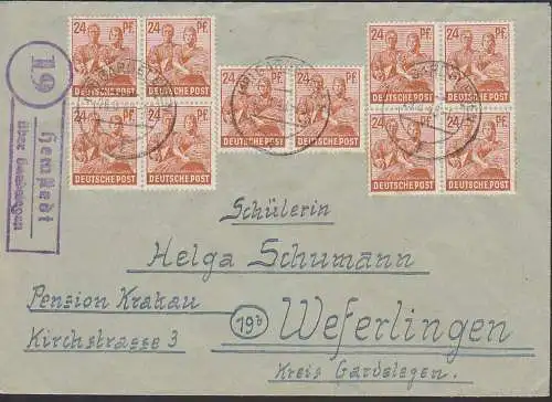 Hemstedt über Gardelegen 29.6.48 Zehnfach-Frankatur portogenau mit 24 Pfg. Kontrollrat II, Postleitgebietszahl 19