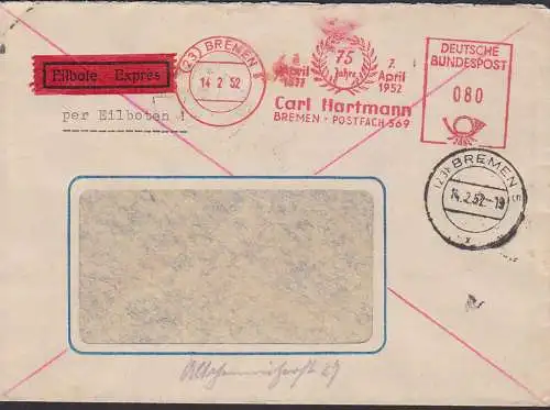 Bremen AFS Carl Hartmann 75 Jahre 14.2.52, Eilsendung nach Chemnitz