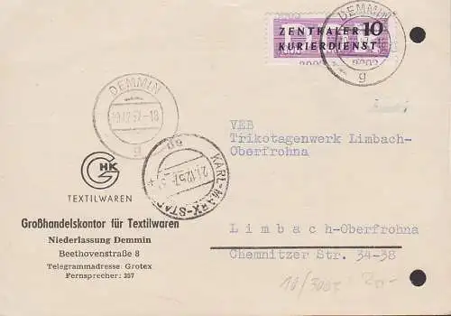 DEMMIN 19.12.57, ZKD 10 Pfg. (3003) als EF auf Karte, Aktenlochung, ab 1.3.57 waren offene Sendungen unzulässig