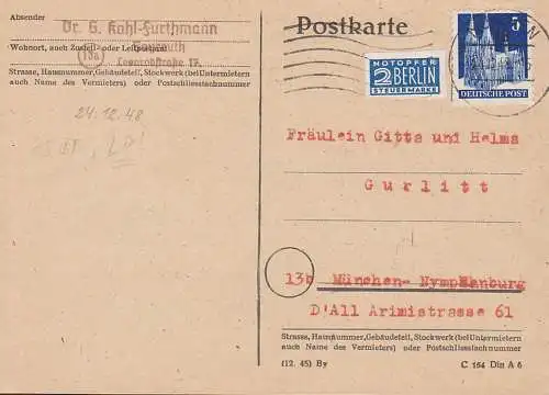 München Bedarfs-Ortskarte 24.12.48 unbeanstandet befördert Mi. 75 - mit NOTOPFER als eF LP!