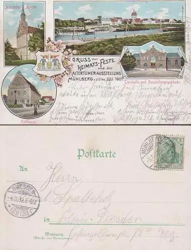 Mühlberg an der Elbe Litho 1901 Heimatfest Altertümer-Ausstellung, Turnhalle, Rathaus Kirche, OSt. 3.8.1902