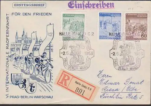 Halle Friedensfahrt SoSt. 2.5.53 R-Ersttags-Brief  Prag-Berlin-Warschau 355/57, dabei PF 357 II