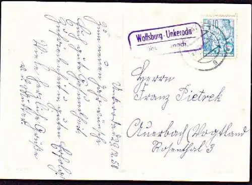 Wolfsburg-Unkerode üb. Eisenach Poststellenstempel 1958 auf Glückwunschkarte