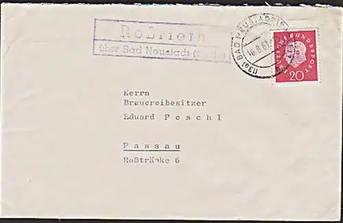 Roßrieth über Neustadt (Saale) BRD 16.8.61 R2 Poststellenstempel nach Passau an Brauereibesitzer