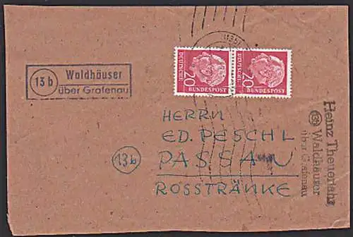 Waldhäuser über Grafenau, (13b) R2 Poststellenstempel 1959 auf Briefausschnitt mit 20 Pf(2) Th. Heuss