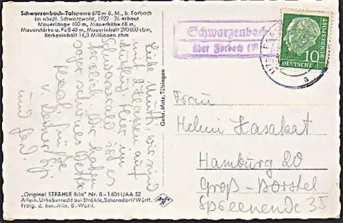 Schwarzenbach über Forbach, Poststellenstempel, 1957 auf Fotokarte "Talsperre, orig. Strähle Bild" mit 10 Pf. Th. Heuss