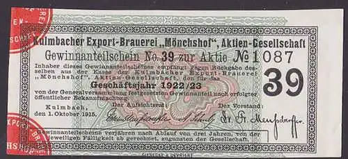 Kulmbach Export-Brauerei "Mönchshof" AG Gewinnanteilschein 1922/231923, Bier