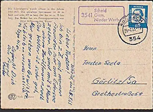 Scheid Gem. Nieder Werbe, Poststellenstempel 1963, Edertalsperre