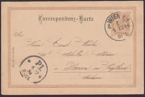 Wien 2 Kreuzer Ganzsache nach Plauen Vogtland Sachsen 4.12.94