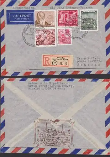 Dresden Bad Weißer Hirsch R-Brief nach Teheran, rs. Wiederaufnahme des Flugverkehrs mit dem nahen Osten 1956