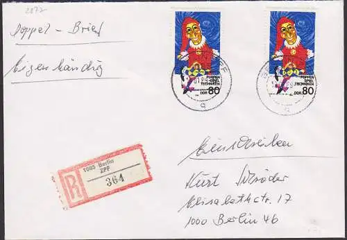 Theaterpuppen, Handpuppe Kasper 80 Pf.  DDR 2877(2) R-Brief 2. Gewichtsstufe, eigenhändig, 10 Pfg überfrankiert