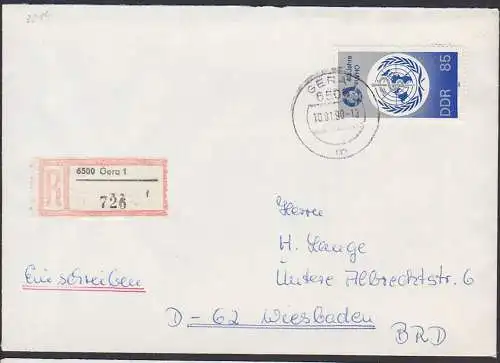 WHO Weltgesundheitsorganisation 85 Pf  Auslands-R-Brief  DDR 3214