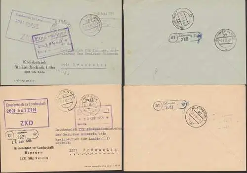 Spatelstempel auf Vorder- u. Rückseite, Setzin (13) Hagenow, Klebe (13) Lübz je nach Brüsewitz (51) Schwerin, ZKD-Belege