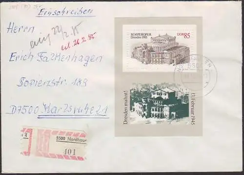 Dresden Semperoper 85 Pf auf Auslands-R-Brief 18.12.85 portogenau, DDR Block 80