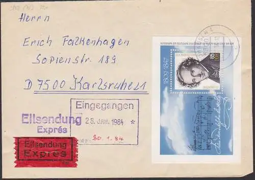 Felix Mendelssohn Bartholdy 85 Pf auf Auslands-Eil-Brief DDR Block 76