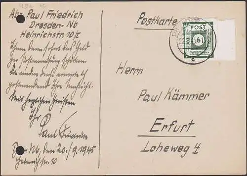 Dresden Fernkarte mit 6 Pfg. Randstück 22.9.45 nach Erfurt, SBZ 43 BIIa