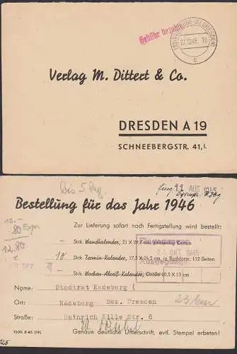 Radeburg (Bz Dresden) 22.10.45 Z1 "Gebühr bezahlt" auf Werbekarte fü Bestellung Kalender 1946