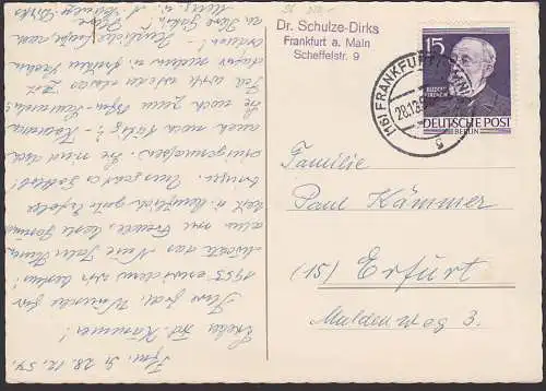 Rudol Virchow 15 Pf. auf Glückwunschkarte aus Frankfurt (Main) 28.12.54 nach Erfurt, Berlin-West 96