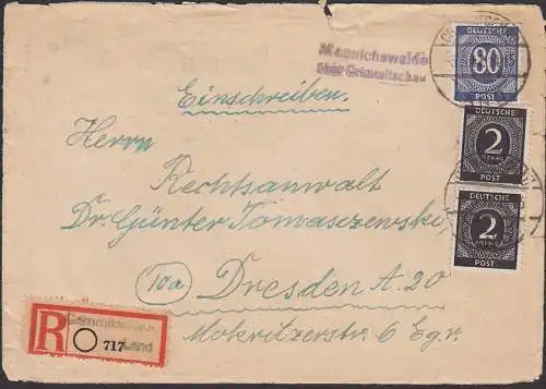 Mannigswalde über Crimmatschau Z2, R-Brief in Zweitverwendung (gewendet), Aushilfs-R-Zettel, Brief unsauber, 3.5.47