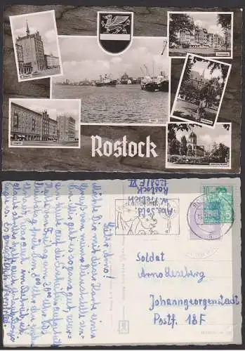 Rostock Wappen, Stalinstraße, Fotokarte MWSt. Landfunk Radio DDR mit Abb. Schwein, Ferkel und Pferd
