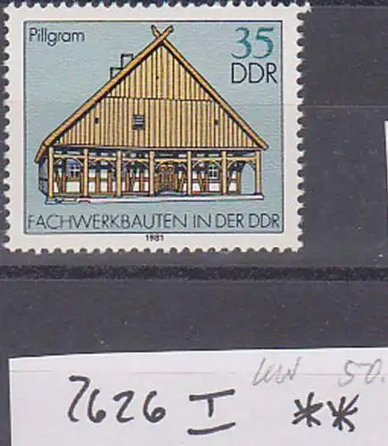 Fachwerkbauten in der DDR 35 Pf. Pillgram postfrisch mit PF DDR 2626 I, A von Fachwerk verkürzt