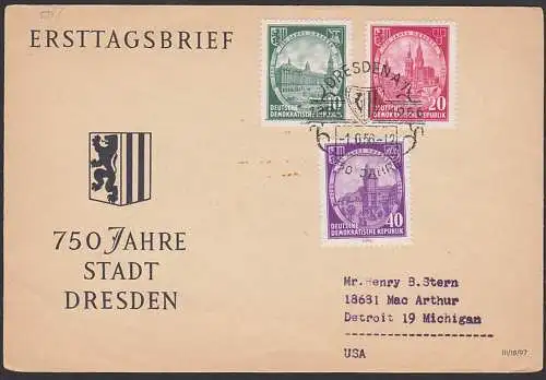 Dresden SoSt. 750 Jahre 1.6.56, Schmuckbrief mit Wappen, FDC nach Detroit Michigan USA