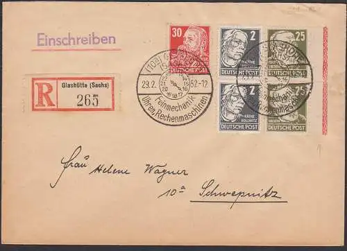 Glashütte R-Brief SoSt. Feinmechanik, Uhren, Rechenmaschinen, 25 Pf. Rudolf Vierchow mit Randleiste 221(2), portogenau