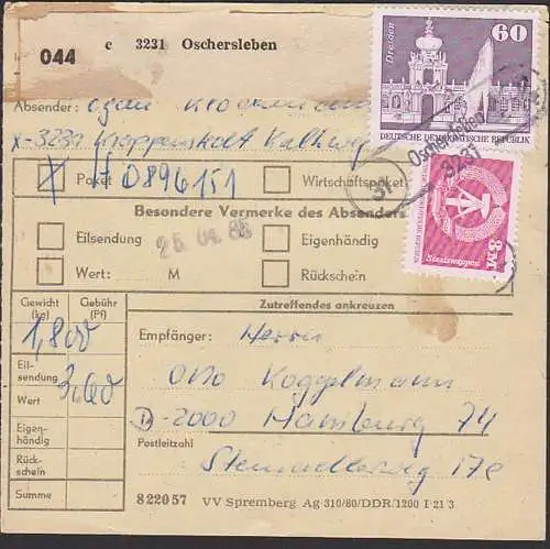 Kroppenstedt PSSt. (31) Schersleben auf Paketkarte 25.4.85, 3 M Wappen kleines und 60 Pf. Großes Format Zwinger