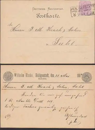 Heiligenstadt (Eichsfeld) Regierungsbezirk Erfurt, R3 31.3.1884, rs. Eindruck Wilhelm Rinke Karte nach Suhl
