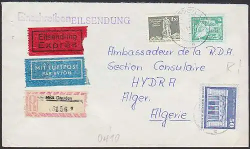 Dresden Eil-R-Lp-Brief nach Alger / Algerien an die Botschaft, Porto über 1,55, rs. Eing,-St.