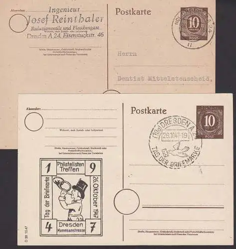 Dresden 10 Pf. GA privatem Zudruck 1947 Mommsenstrasse, SoSt. Taube mit Brief, Wertstempel Schmitzdruck (m. Vergleich)