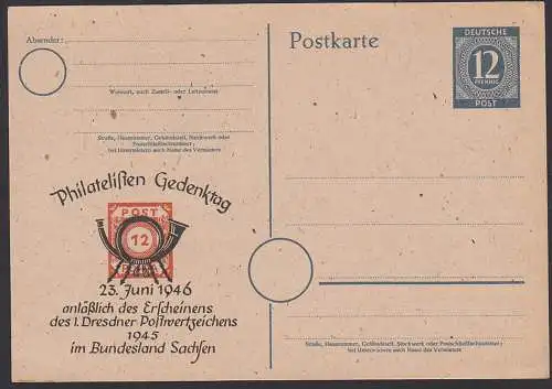 Ganzsache mit privatem Zudruck Philatelisten Gedenktag 1. PWZ im Bundesland Sachsen, 12 Pf. Ziffer ungebraucht
