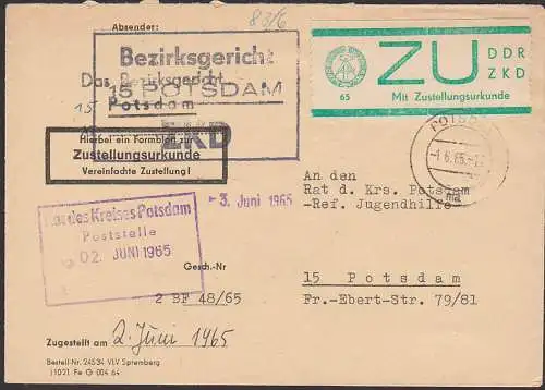 Potsdam R3 ZKD-Stempel Bezirksgericht E1 Zustellungsurkunde, 1.6.65, Ortsbrief