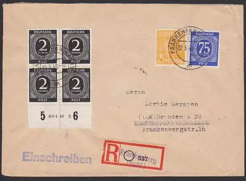Frankenberg  R-Brief 22.5.48, dabei 2 Pfg. Ziffern mit Hausauftrags-Nr. 4014-46 2 (150,- Mi), Doppelbrief 912 HAN