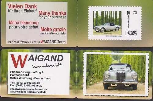 portocard indiviuell Markenheftchen mit 70 Cent **, Waigand-Sammlerwelt, Germany Kultauto Lancia Aurelia