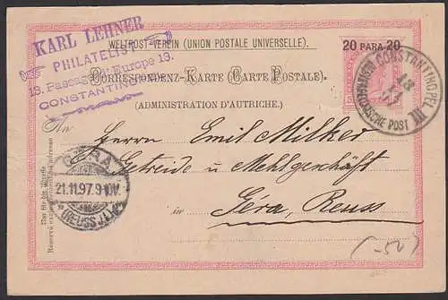 Constantinopel österreichische Post,,GA 20 PARA auf 5 Heller, 13.11.97 nach Gera Reuss