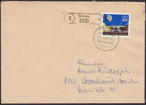 Bergen (2) Poststellenstempel 18.4.67, Abs. Putgarten a. Rügen, 20 Pf Mondlandung LUNA 9, mittig gefaltet
